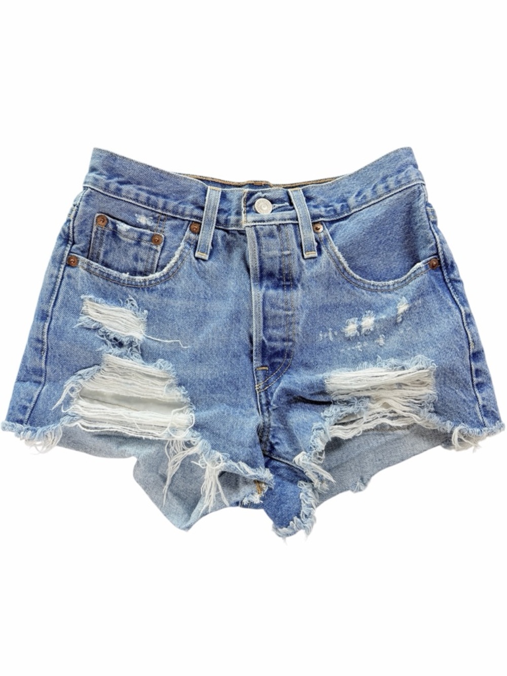 Levi's 501 Original Fit High Rise Womens Light Blue Distressed Denim Shorts 24
